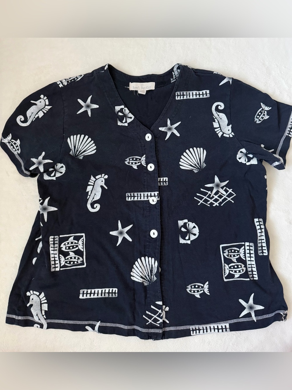 Sarah Bentley Nautical Seashell Seahorse Fish Button Front XL